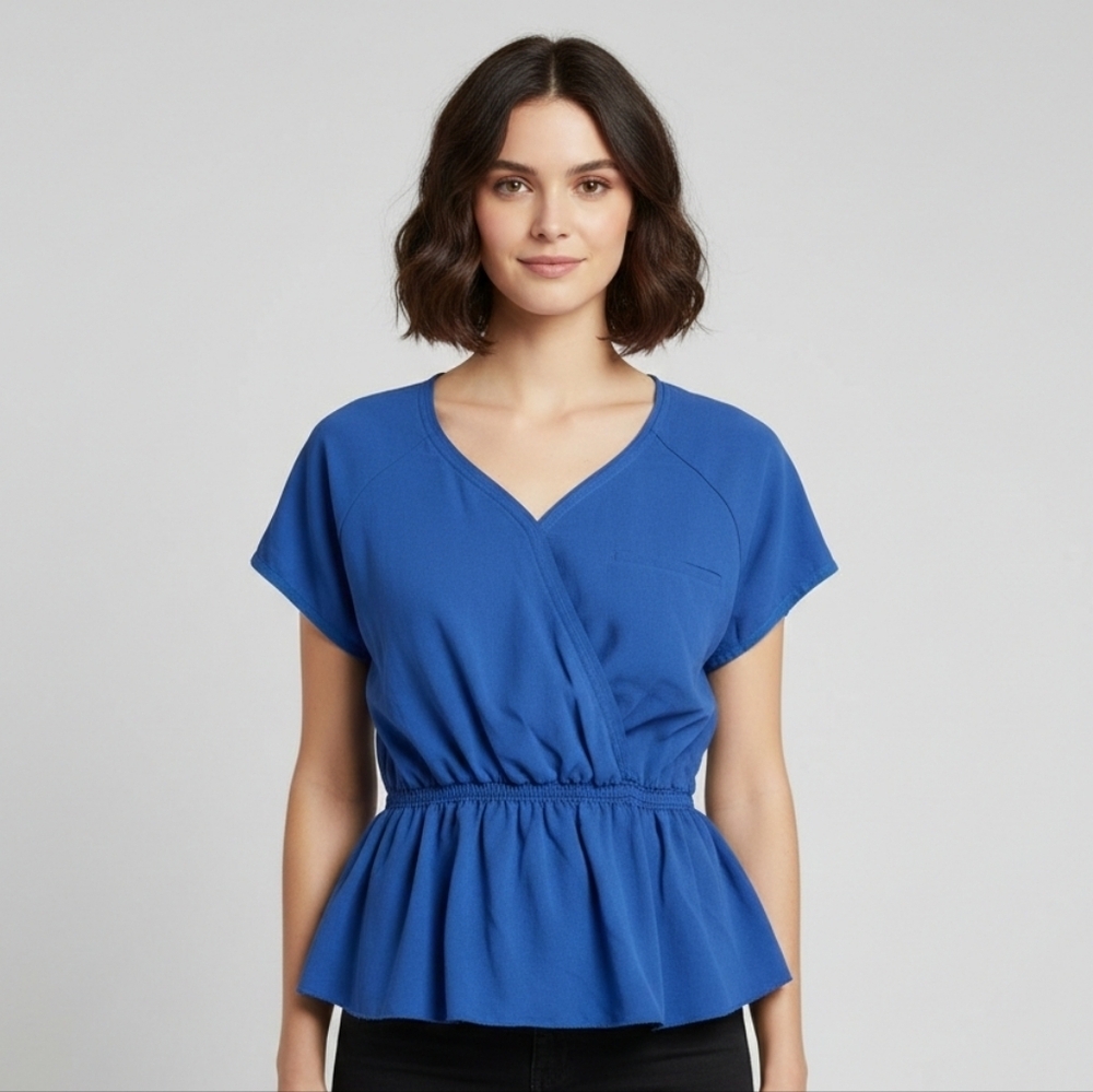 Aritzia Wilfred Women's Boho Coastal Royal Blue Short Sleeve Blouse Size Small